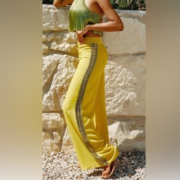 My Beachy Side Pants - My Beachy Side Begonia Chartreuse Yellow Beaded Side Wide Leg Pants Small NEW